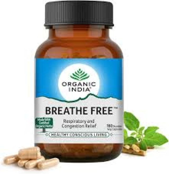 Organic India Breathe Free - 180 Veg Capsules, Relieve Shortness of Breath, Wet & Dry Cough, Congestion & Respiratory Complications, Improves Lung Capacity, GMP & NPOP Certified Organic